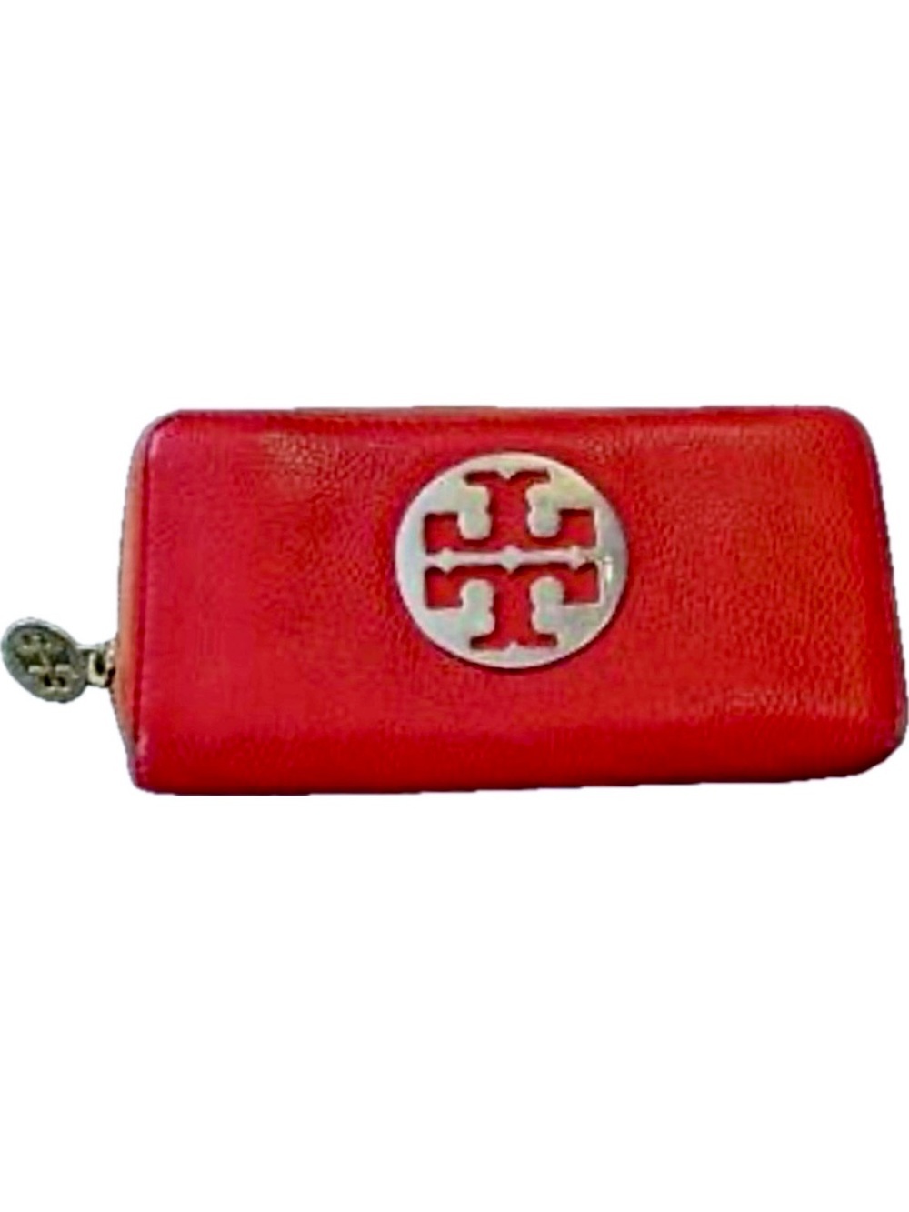 Tory Burch Red Pebbled Leather Long Wallet with Gold Logo GUC